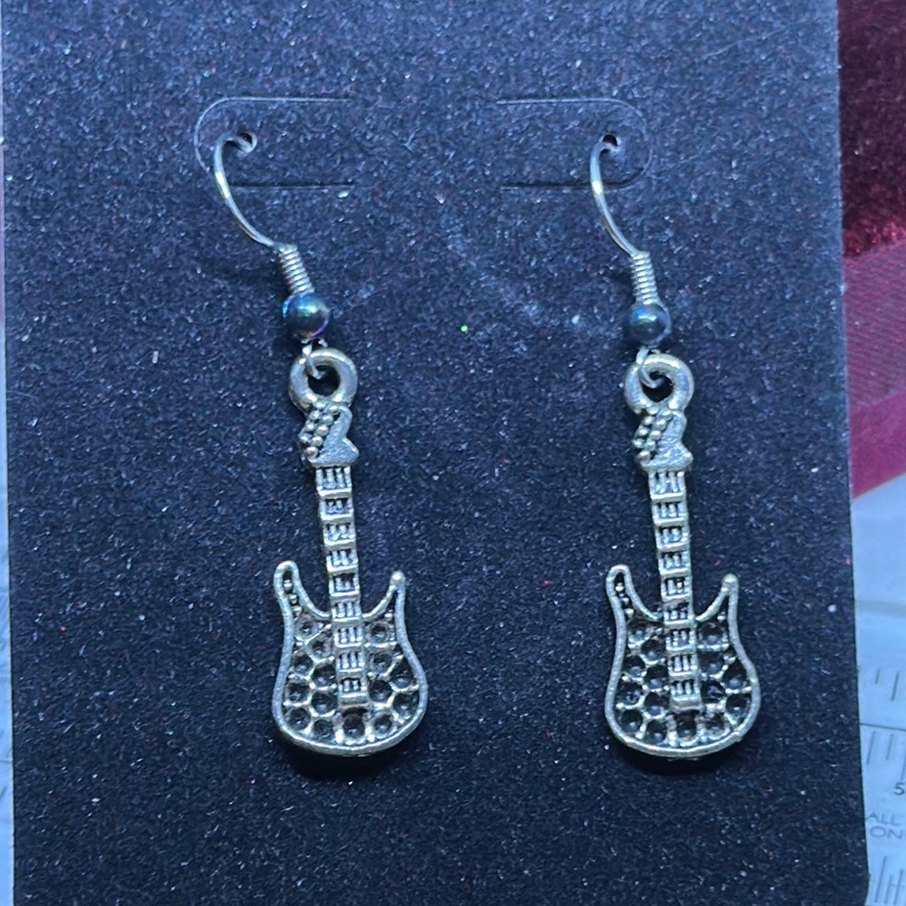 Silver Electric Guitar Dangle Earrings